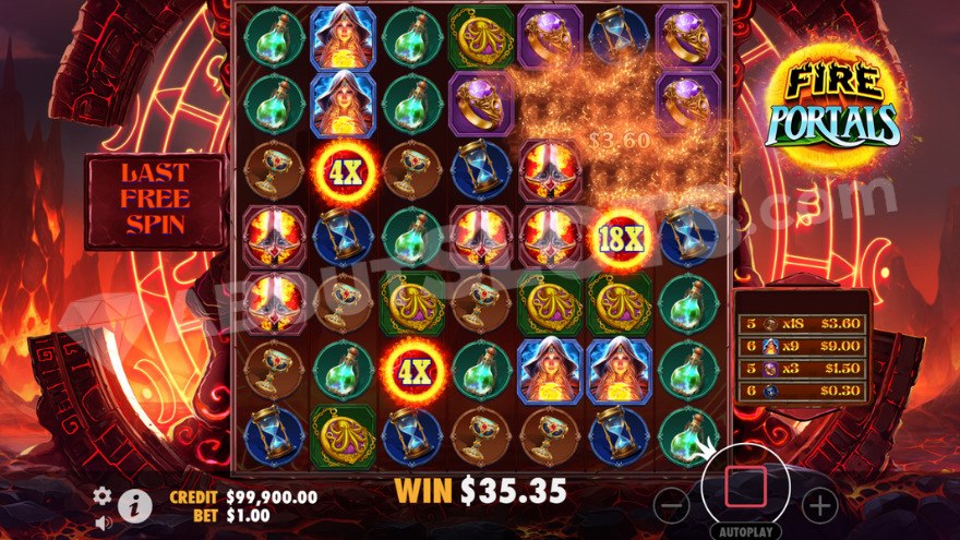 Free Spins feature where previous wins are shown to the right.
