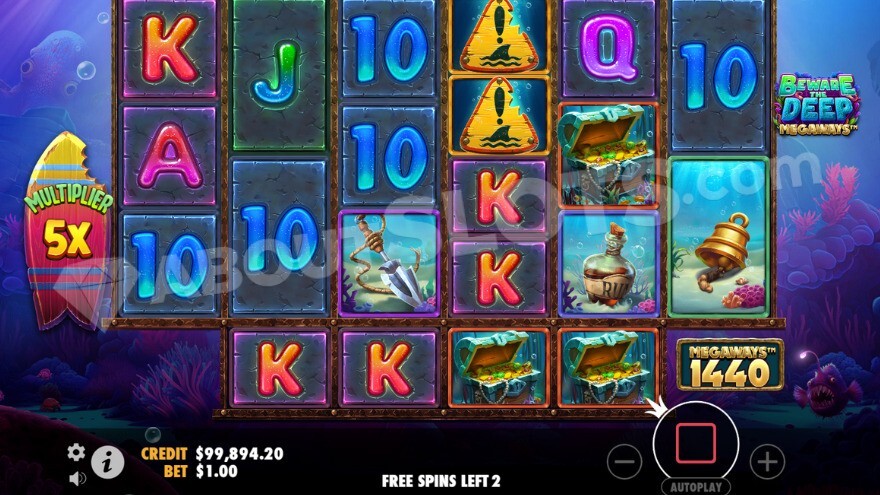 The Deep Free Spins feature with a 5X multiplier to the left.